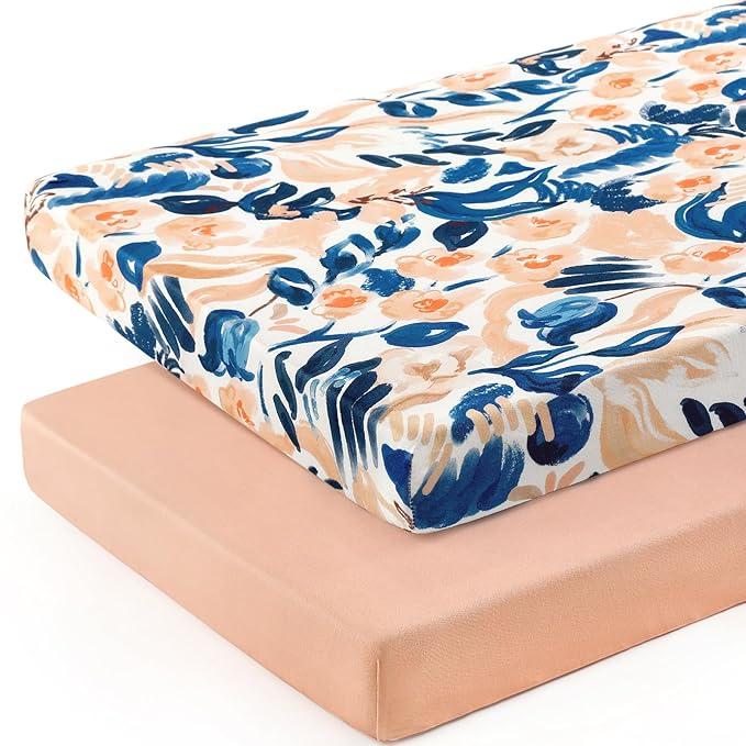 Stretchy Ultra Soft Jersey Knit Fitted Pack n Play Sheets Set 2 Pack, Portable/Mini Crib Sheets for Girls, Universal Fit for Pack N Plays Safe and Snug, Cute Blush Flora Print