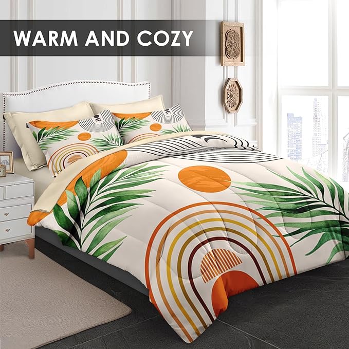 7 Pcs Queen Size Comforter Set with 2 Pillowcases & 2 Shams, Contemporary Mid Century Bedding for Kids and Adults, Rainbow Sun Boho Geometric Bed in a Bag with Flat Fitted Sheet