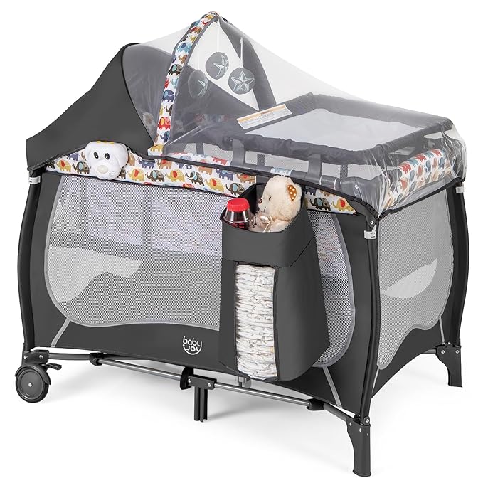 BABY JOY 4 in 1 Pack and Play, Portable Baby Playard with Bassinet, Adjustable Canopy, Changing Table, Lockable Wheels, Music Box, Travel Baby Crib Bassinet from Newborn to Toddler