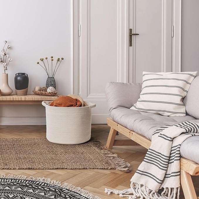 Blanket Basket - Woven Round Rope Storage Basket (16"Wx14"H) for Blankets & Throws, Small Laundry & Toy Organizer, Decorative Living Room & Bedroom Cotton Basket - All White