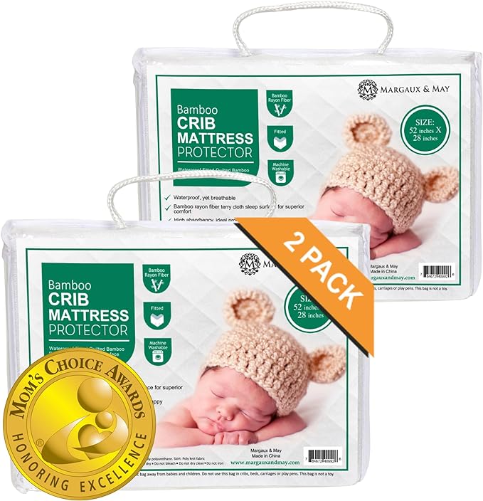 Margaux & May Crib Mattress Protector Pad 2 Pack - Ultra-Soft Waterproof Breathable Premium Bamboo Rayon - Noiseless Fitted Dryer Safe Cover for Crib. High Absorbency Oeko-TEX Certified