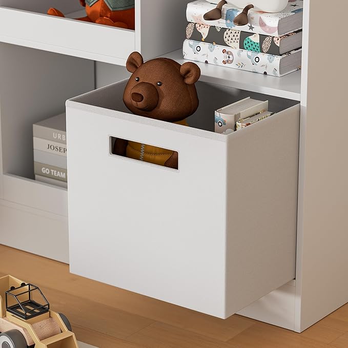 Kids Bookshelf with 9 Cube, Toy Storage Organizer with 2 Fabric Drawers, 3-Tier Freestanding Wooden Open Shelf Bookshelf, Modern Kids Display Bookcase for Bedroom, Living Room, Office, White