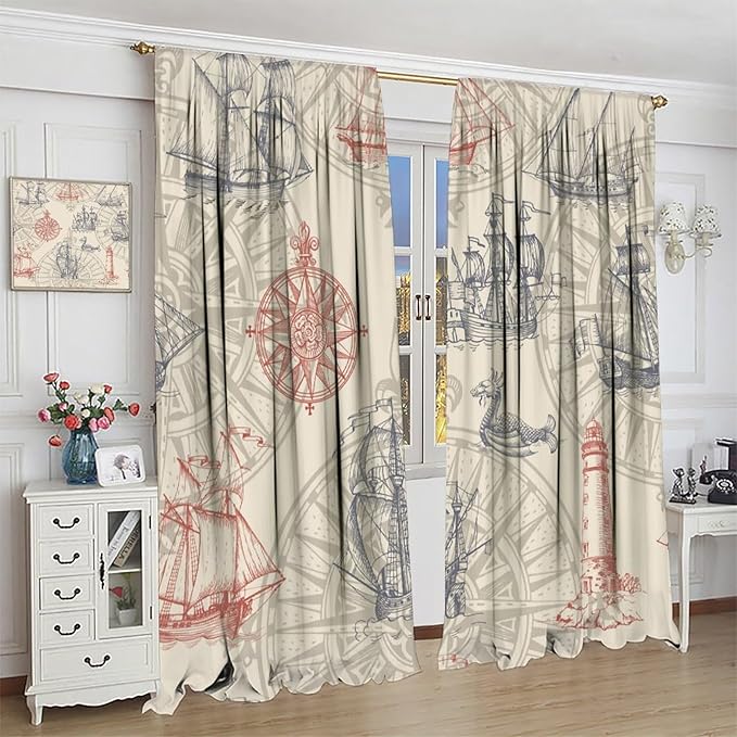 Abstract Nautical Curtain Set Seahorse Curtain for Kids Yellow Polyester Fabric Bedroom Curtain Set 2 Panels,72x63 Inches