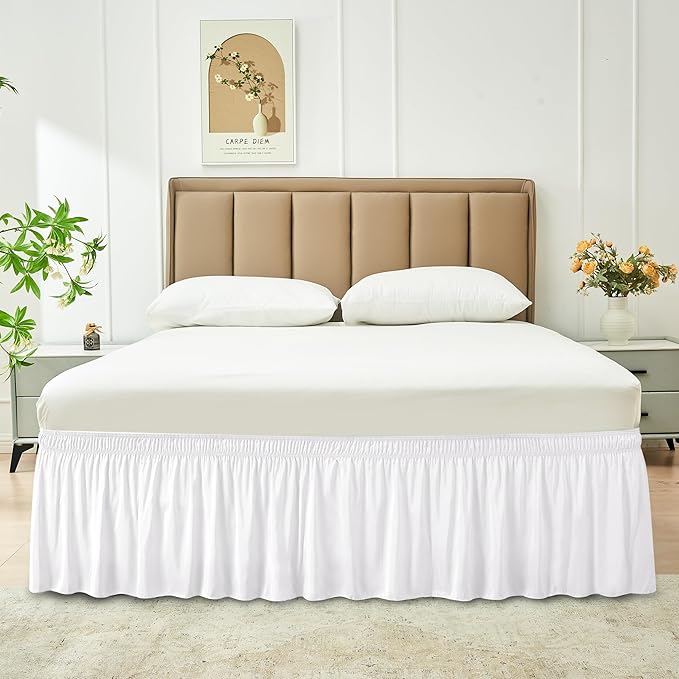 Biscaynebay Wrap Around Bed Skirts for King & Cal King Beds 19" Long Drop, White Adjustable Elastic Dust Ruffles Easy Fit Wrinkle & Fade Resistant Silky Luxurious Fabric Solid Machine Washable