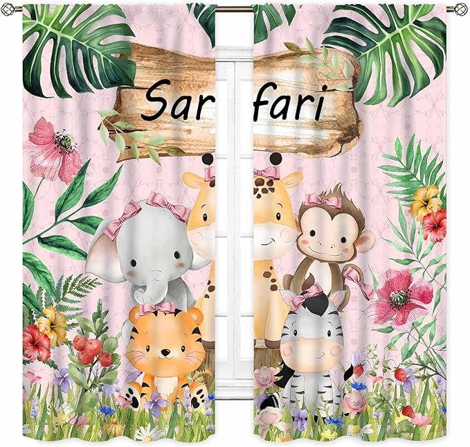 Kids Safari Animals Curtains, Cartoon Giraffe Elephant Monkey Woodland Jungle Tropical Leaf Pink Window Curtains for Boys Girls Baby Living Room Bedroom Nursery Classroom 2 Panels, 42"x63" Inch
