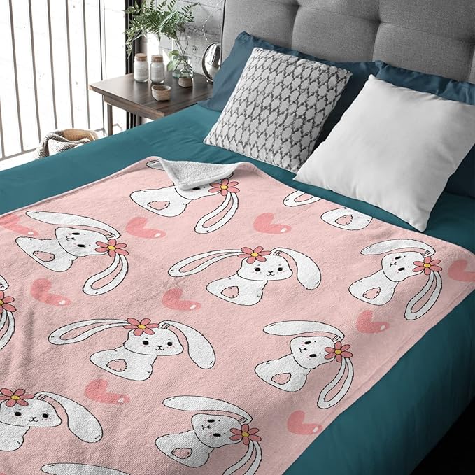 Thuswarm Cute Bunny Pink Flannel Throw Blanket Gifts Warm Cozy Soft Funny Print Blankets for Summer Room Decoration Bed Couch Sofa 120”×90” Extra Large for Family