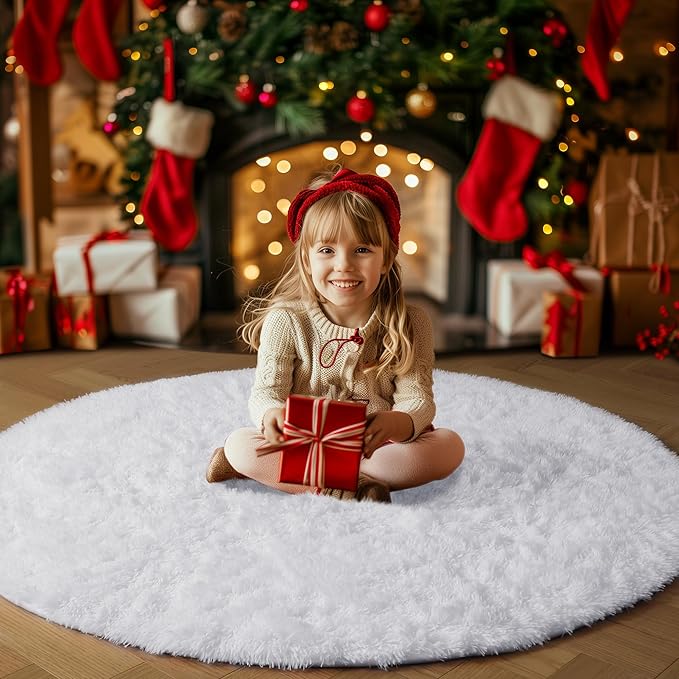 Amdrebio White Fluffy Round Rug 4Ft for Bedroom Aesthetic, Washable Fuzzy Fur Circle Area Rugs for Living Room, Plush Soft Shaggy Carpet for Nursery Dorm, Cute Kids Room Decor for Baby Teen Girls