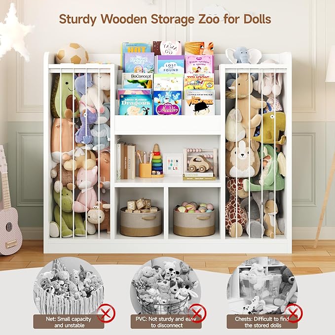 ONBRILL Two Wooden Stuffed Animal Storage, Toddler Toy Storage Organizer with 4-Tier Kids Bookshelf and 3 Open Cube Shlef, Multifunctional Bookcase for Kids Rooms Playroom Nursery (White)