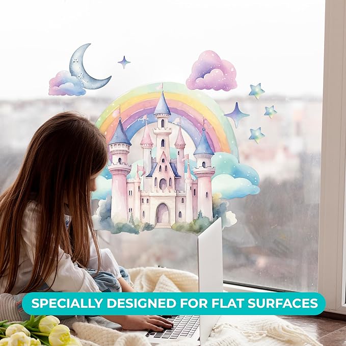 CRYPTONITE Rainbow Wall Decal for Girls Bedroom | Watercolor Castle Vinyl Sticker for Nursery Wall Decor | Cute Stickers for Kids Room, Windows, or Furniture | 3 Sizes (Wide 40" x 35" Height (Large))