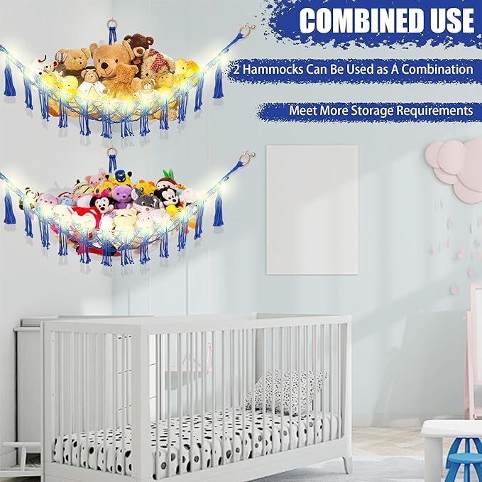 Stuffed Animal Hammock with LED Light, Toy Hammock for Stuffed Animals Storage for Kids Room Decor, Stuffed Animal Hammock Corner, Royal Blue