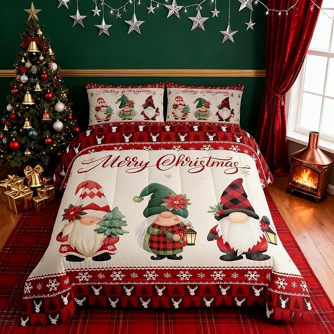 Merry Christmas Kids Comforter Set King Size,Deer Antler Santa Claus Bedding,Girls Boys Adults Bedroom/Xmas Cabin Decor,Snowflake Pine Trees Plaid Down Comforter,Rustic Duvet Insert,2 Pillowcases