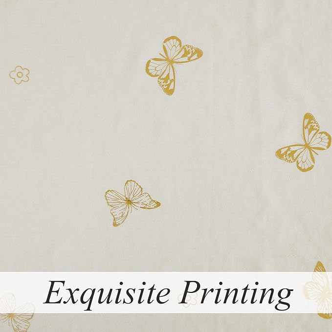 Jubilantex Butterfly Sheer Curtain Panels for Girls Nursery Bedroom, Toddler Gold Print Linen Textured Voile Farmhouse Rod Pocket Window Drapes 63 Inch for Kids Room, 2 Panels, Ivory/Beige