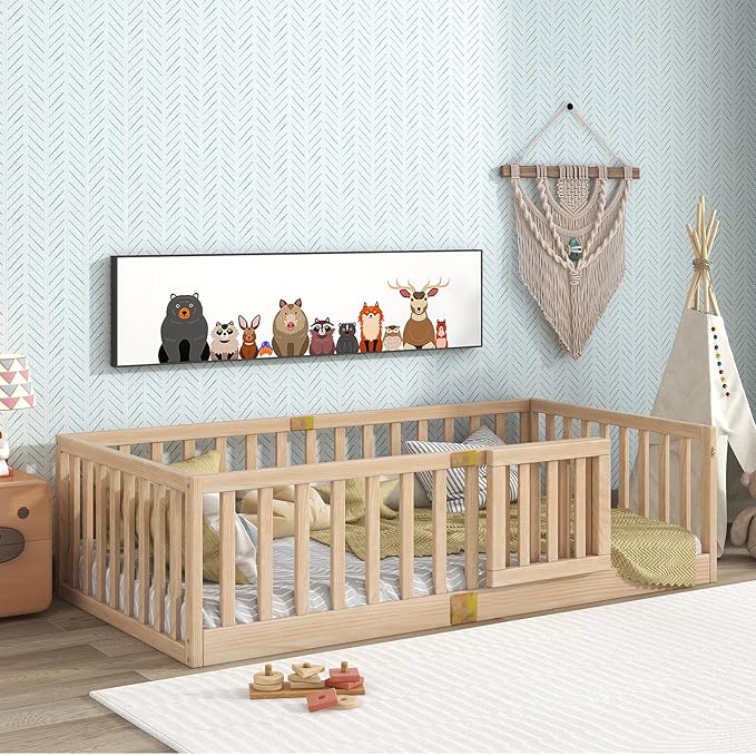 Tatub Twin Montessori Floor Bed with High Rails, Solid Wood Montessori Bed Frame for Kids, Door Can Install Left and Right, Twin-Nature
