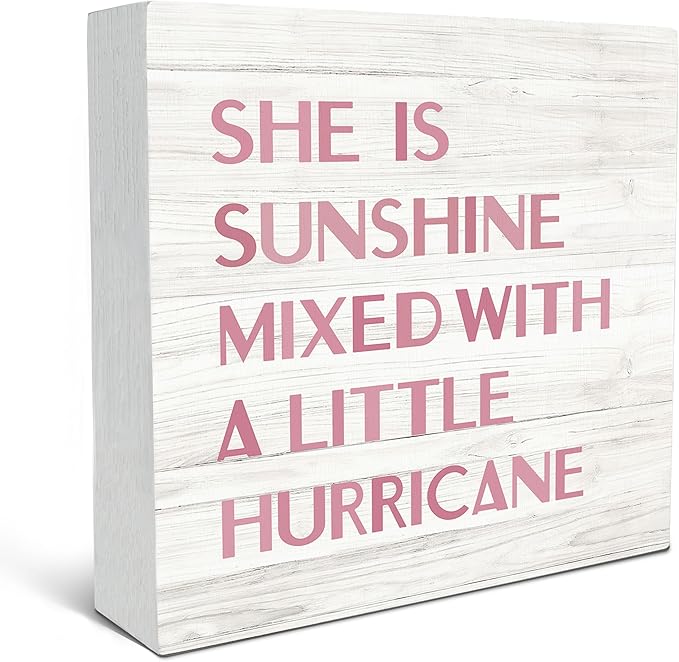 SRADMO She is Sunshine Mixed with a Little Hurricane Boho White Wood Box Sign Desk Decor, Baby Girls Inspirational Wooden Box Decor for Girls Room Nursery Playroom Shelf Table Decorative Accessories