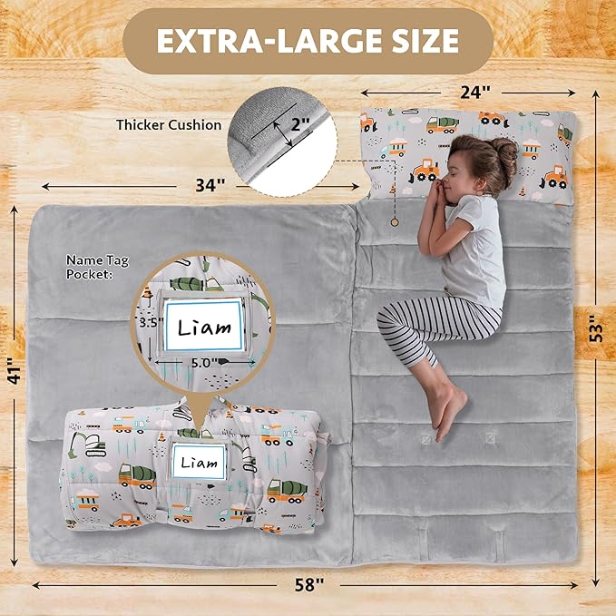 Toddler Nap Mat with Detachable Pillow & Blanket - Soft Plush Minky Fleece Kids Sleeping Bag for Daycare, Preschool & Travel - Portable Roll-Up Design with Carry Handle - Boys Girls Ages 3+