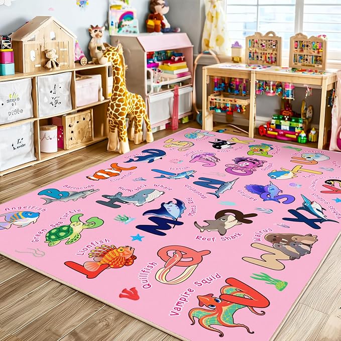 Kids Rug for Playroom, 7x9 Feet Educational Rug for Learn The ABC Alphabet, Soft Machine Washable Non-Slip Cute Marine Organisms Carpet for Classroom Toddler Nursery Kids Room Decor Mat, Pink
