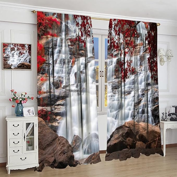 Waterfall Blackout Windows Curtains, Waterfall Red Forest Pattern Nature View Curtains, for Living Room Bedroom 52x84in 2 Panels