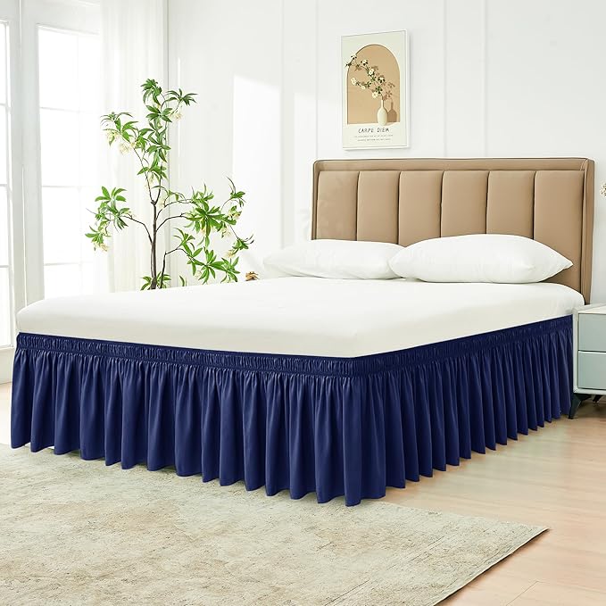 Biscaynebay Wrap Around Bed Skirts for Twin & Twin XL Beds 15" Drop, Navy Adjustable Elastic Dust Ruffles Easy Fit Wrinkle & Fade Resistant Silky Luxurious Fabric Machine Washable