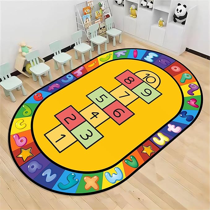 Kids Hopscotch Area Rug, 3x5ft, Playmat for Boys & Girls, Alphabets and Numbers Educational Learning & Fun Game Oval Rug, Soft Non-Slip Machine Washable Rug for Playroom Classroom Nursery
