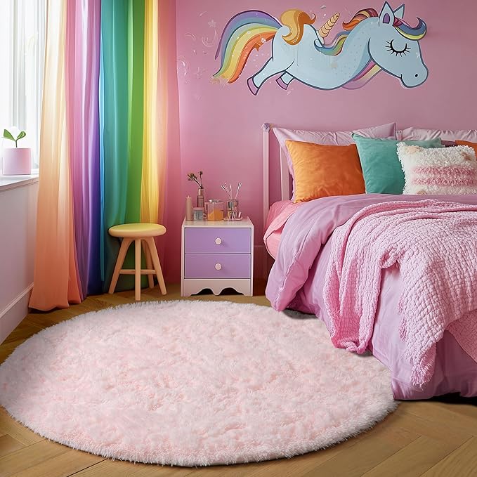 Pink Round Area Rugs 6Ft for Bedroom Living Room, Big Fluffy Shag Circle Rug for Kids Playroom, Cute Preppy Room Decor for Teen Girls, Cozy Fuzzy Furry Plush Carpets for Baby Nursery, Dorm, Classroom