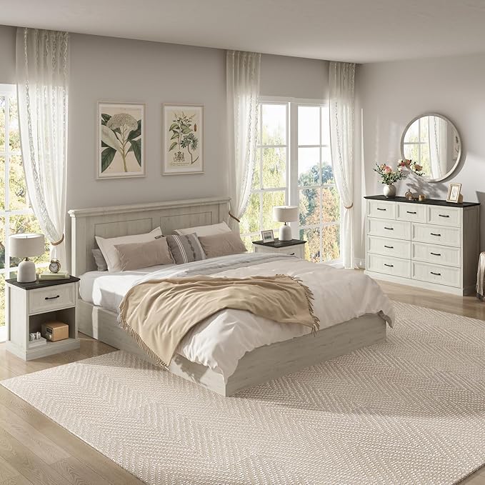CARPETNAL Farmhouse Dresser and Nightstand Sets for Bedroom, 3 Pcs Bedroom Set, 9 Drawer Dresser & Nightstand Set of 2, Modern Wood Chest of Drawers for Bedroom, Living Room, Entryway, White