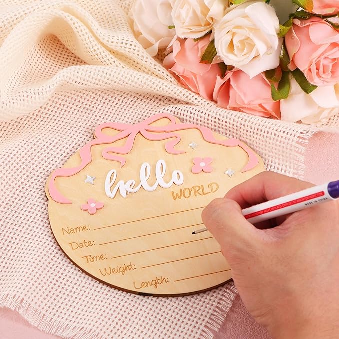 Hello World Newborn Sign, Wooden Pink Bow and Flower Baby Birth Announcement Board Newborn Welcome Sign for Nursery Home Hospital Decor Photo Props
