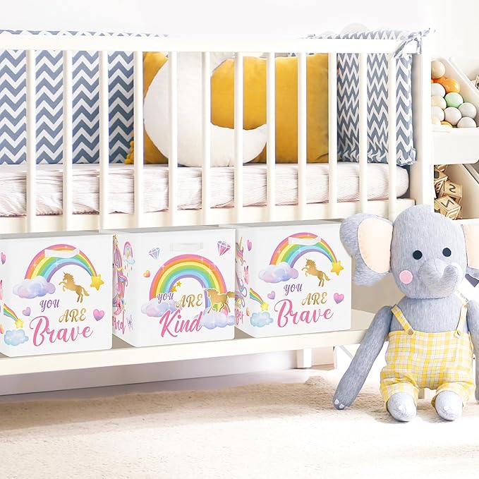 Clastyle Pink Unicorn Rainbow Kid Storage Basket Set Foldable Closet Clothes Organizer Nursery Toddler Toy Bin Girl Book Shelf Basket, Diamond, 11.8x11.8x11.8 in