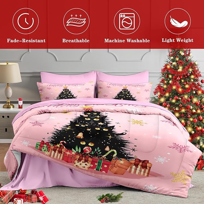 7 Pcs Queen Size Christmas Comforter Set with 2 Pillowcases & 2 Shams, Black Cat Xmas Trees Bedding for Kids and Adults, Pink Snowflakes Bed in a Bag with Flat Fitted Sheet