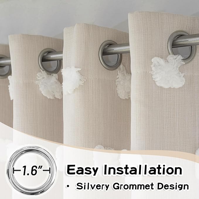 MYSKY HOME Beige Curtains for Living Room 95 Inches Long Nursery Curtains for Bedroom Double Layer Curtains White Pom Pom Sheer Curtains for Dining Room Grommet Room Darkening Window Panels W52 X L95