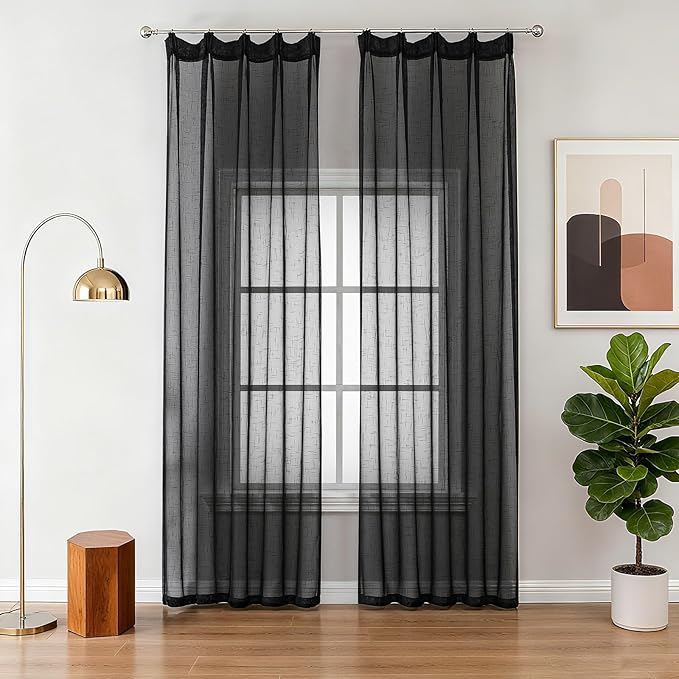 Black Linen Look Sheer Curtains 84 Inches Long 2 Panels, Rustic Textured Light Filtering Drapes, Dark Moody Window Decor, Pinch Pleat Curtain with Hooks