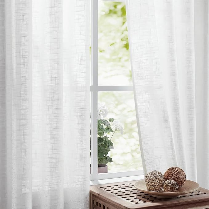 FMFUNCTEX Linen Semi Sheer White Curtains for Bedroom Living Room, Curtain Panels 63 Inch Length Sheer Linen Textured Window Drapes Farmhouse Light Filtering 2 Panels Rod Pocket