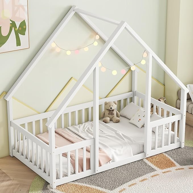 Bellemave Twin Floor Bed for Kids, Girls, Boys, Wood House Bed Frame, House Floor Bed for Kids, Twin Size Montessori Floor Bed with Fence, Playhouse, White