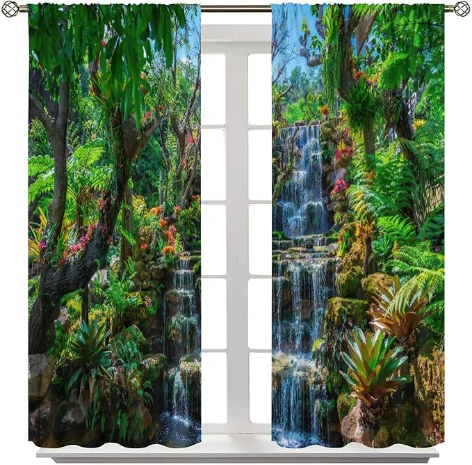 Waterfall Blackout Window Curtains, Spring Forest Nature Landscape Theme Pattern Print Window Drapes, for Living Room Bedroom 63x72in 2 Panels