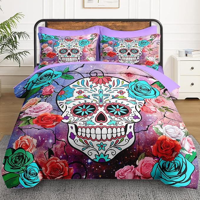 7 Pcs Queen Size Comforter Set with 2 Pillowcases & 2 Shams, Sugar Galaxy Bedding for Kids and Adults, Vintage Skeleton Flower Bed in a Bag with Flat Fitted Sheet
