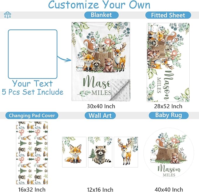 Personalized Woodland Animals Crib Bedding Set, 5 Pcs Custom Name Bedding Crib Set for Baby Boys Girls, Double Layer Nursery Bedding, Baby Crib Set Customized Gift for Toddler Infant Kids