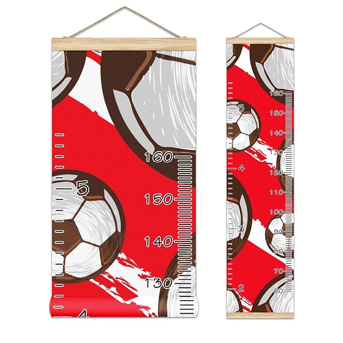 Personalized Kids Name Growth Chart Ruler for Wall Wood Frame Height Measure Chart 13.4x56 in Linen Hanging Height Growth Chart Football Soccer Red Kids Room Decor