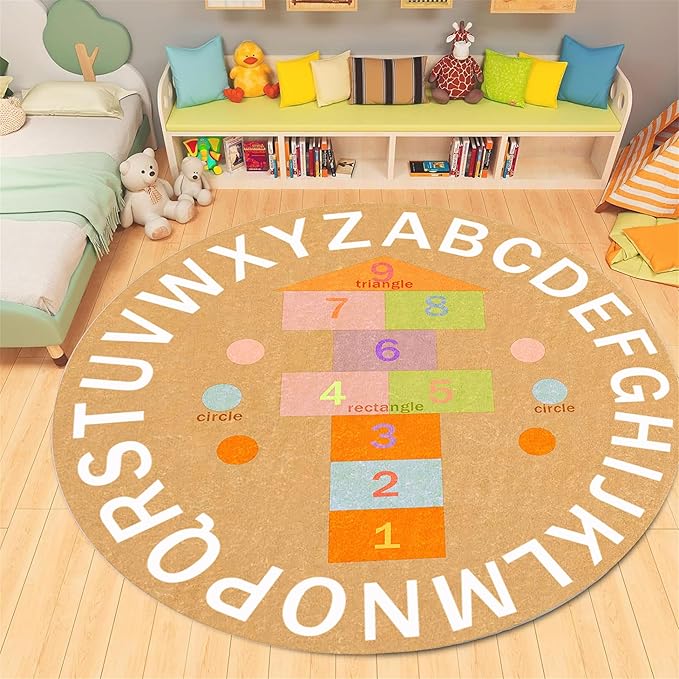 Children's Game Round Rug,4ft,ABC Alphabet Rug, Fun and Educational Hopscotchrug, Soft Non-Slip Children's Room Rug for Classroom, Nursery, Playroom, Playmat