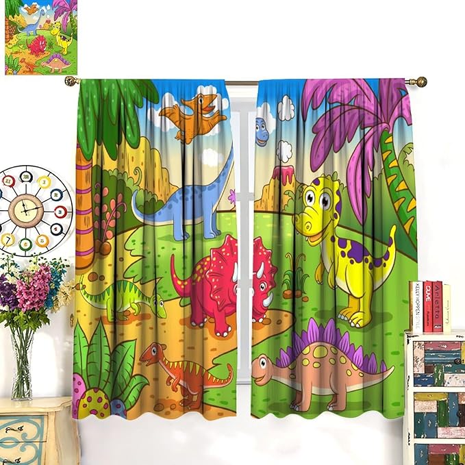 Cute Dinosaur Curtains, Colorful Cartoon Dino Pattern Blackout Window Treatments, Rod Pocket Thermal Insulated Drapes 2 Panel Sets for Kids Bedroom Nursery Classroom, 72" W X 63" L