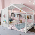 Merax Wood Cute House Bed with Storage Shelves, Twin Size Floor Platform Bed Frame with Headboard & Roof Design, No Box Spring Needed, White