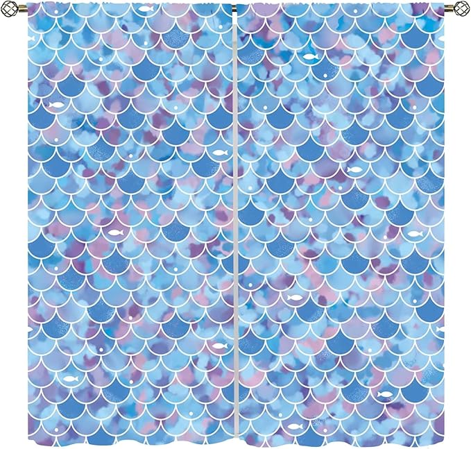 Mermaid Blackout Curtains, Kids Cartoon Blue and Pink Ocean Mermaid Scale Pattern Decoration for Girls Bedroom Nursery Curtains 42x45 Inch