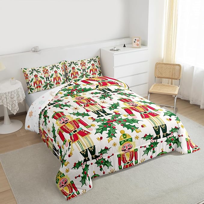 Feelyou Merry Christmas Bedding Set Soft for Boys Girls, Nutcracker Comforter Set Queen Size Holly Leaves Duvet Quilt Microfiber Red Berries Bedroom Decor 3 Pcs with 2 Pillow Cases