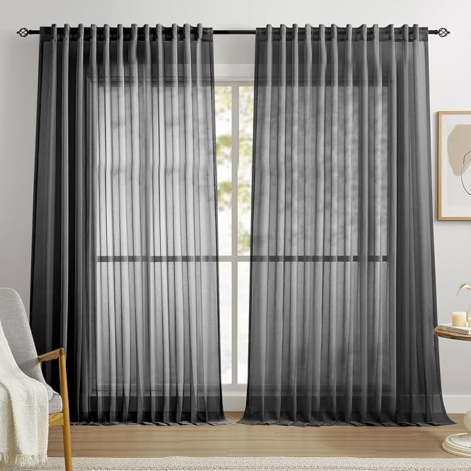 Dreaming Casa Black Sheer Curtains 102 Inches Long, Rod Pocket & Back Tab Light Filtering Textured Sheers for Living Room Bedroom, 2 Panels, Each 100" W x 102" L