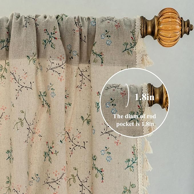 Floral Farmhouse Curtains Closet Semi-Blackout Living Room Drapes 63 Inch Length Cotton Linen Blend Short Bohemian Window Curtain Panels with Tassel Beige Rod Pocket Bedroom Drapes, 1 Panel