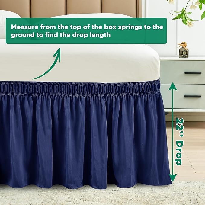 Biscaynebay Wrap Around Bed Skirts for Queen Beds 22" Long Drop, Navy Adjustable Elastic Dust Ruffles Easy Fit Wrinkle Resistant Silky Luxurious Fabric Machine Washable