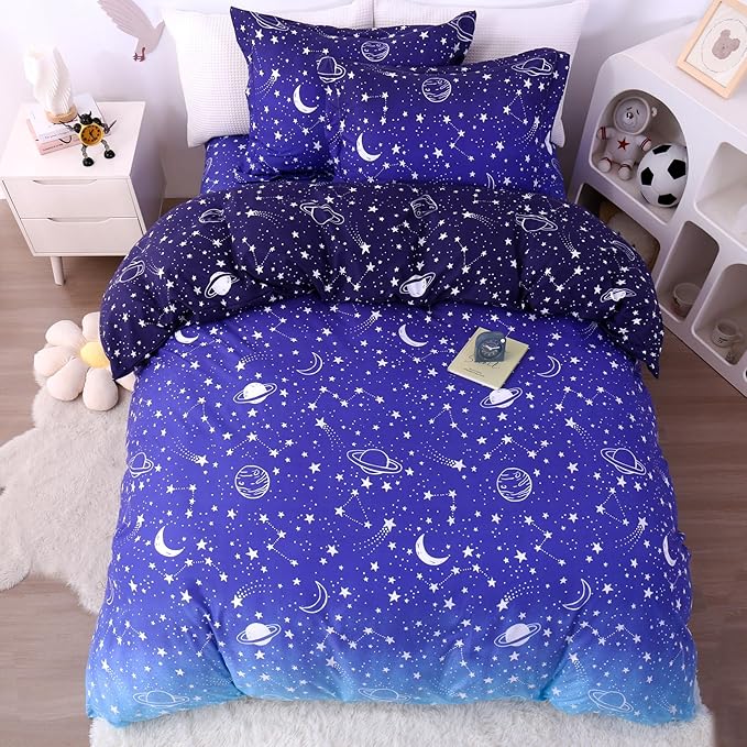 JSD Blue Stars Kids Duvet Cover Set Queen Size, 3 Piece Boys Space Theme Microfiber Comforter Cover with Pillow Shams Zipper Closure, Comforter Not Included