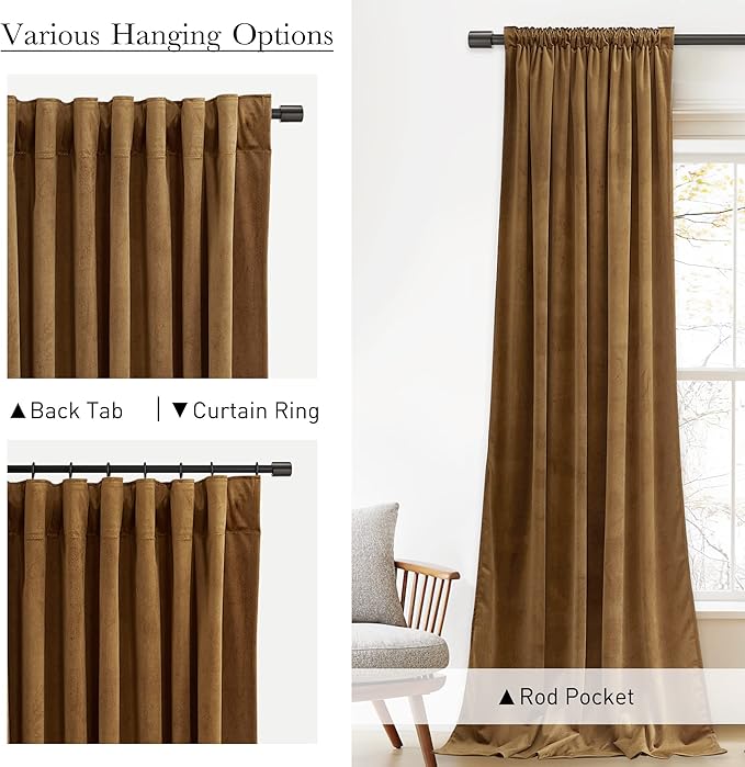 StangH Gold Brown Velvet Curtains 90 inches Long - Classic Traditional Home Decor for Bedroom/Living Room Thermal Insulated Blackout Vintage Drapes for Cottage/Farmhouse/Cabin, W52 x L90, 2 Panels