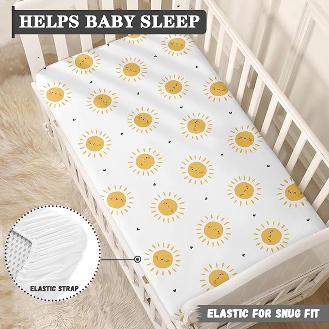 Suns Hearts Fitted Crib Sheet for Boys Girls Yellow Sun and Little Heart Baby Sheet for Standard Crib and Toddler Cute Sunshine Nursery Bed Mattress Sheets 28"x52"