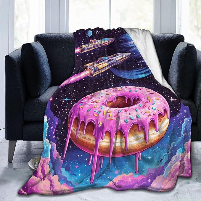 Donut Blanket Space Donut Decor Throw Blanket Super Soft Flannel Lightweight Fluffy Plush Cozy Fuzzy Fleece Food Blanket Gifts for Girl Boys Woman Man Kids Adults for Bed Sofa Couch 50"X60"