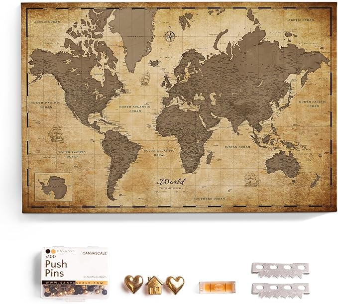 Canvas World Map with Cork Pin Board - English Lettering - Decorative Wall Decoration for All Rooms - Canvas Pictures with World Map Motif (120x80 cm, Pattern 1)