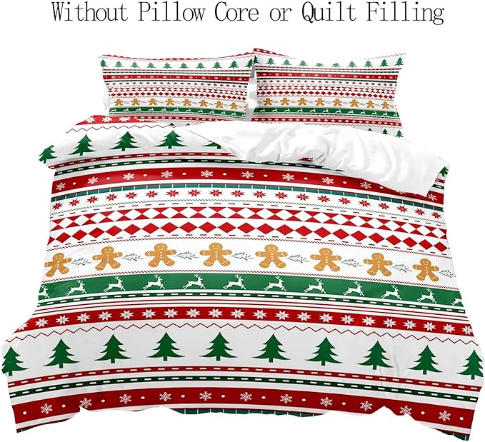 LUVIVIHOME 2PCS Christmas Duvet Cover Twin Bedding Sets, Gingerbread Man Christmas Tree Snowflake Poinsettia Reindeer Winter Holiday Xmas Gifts Red Green White Striped Comforter Cover, 1 Pillow Sham